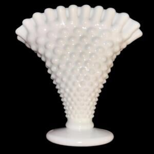 Fenton 6" High Hobnail White Milk Glass Fan Vase w/ Ruffled Rim